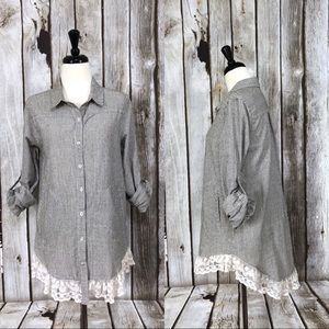 Umgee Striped Button Up Lace Trim Blouse